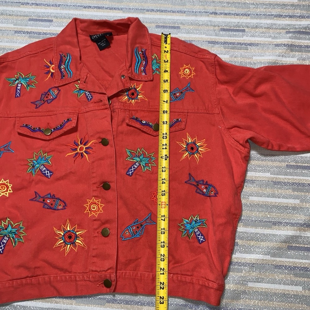Carole Little Red Embroidered‎ Tropical Jean Jacket Size 8 - Picture 4 of 7